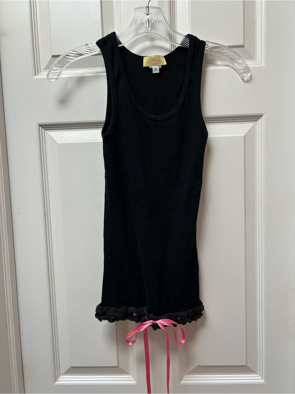 Ribbed Black Tank Top with Crochet Hem & Pink Ribbon Detail